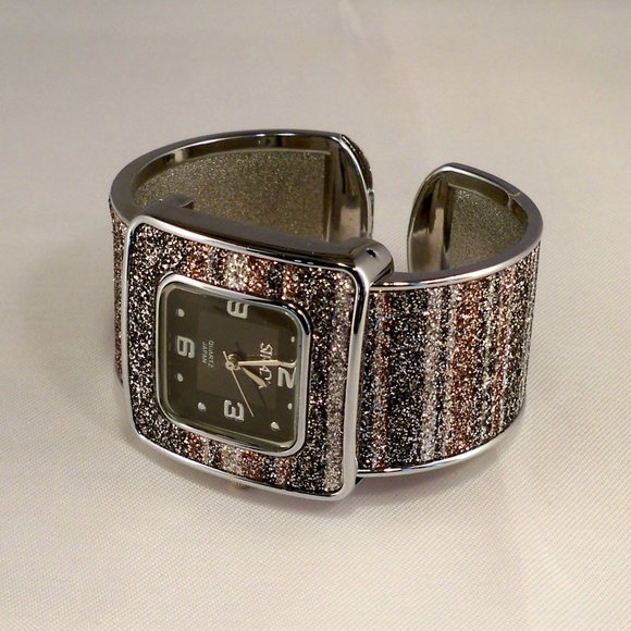 NEW Strada Black Brown Crystal Cuff Watch - Picture 2 of 5